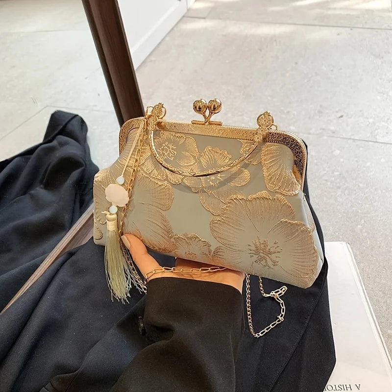 Bolso Tote Vintage Con Bordado Floral