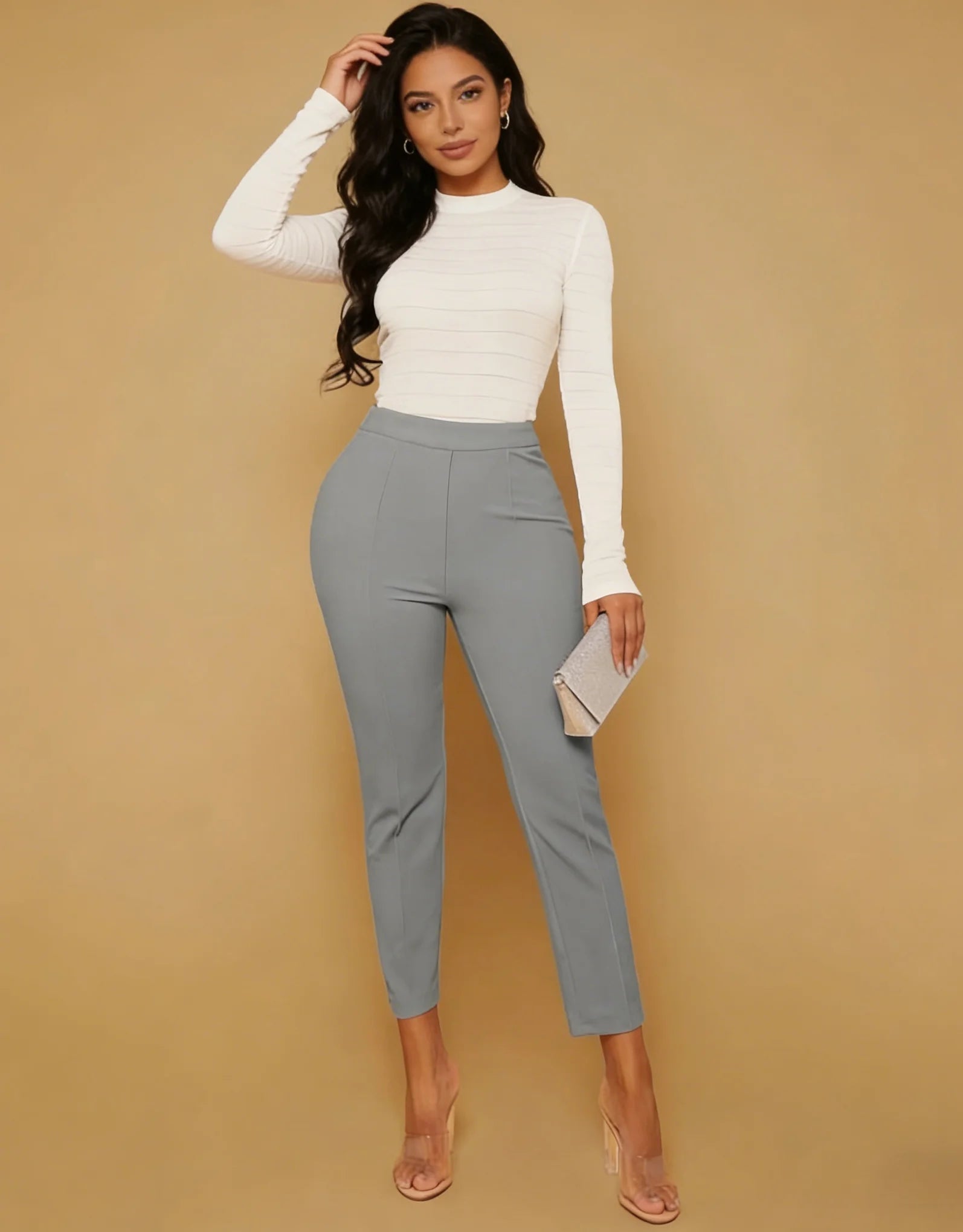 Pantalones de Mujer Grises de Cintura Alta