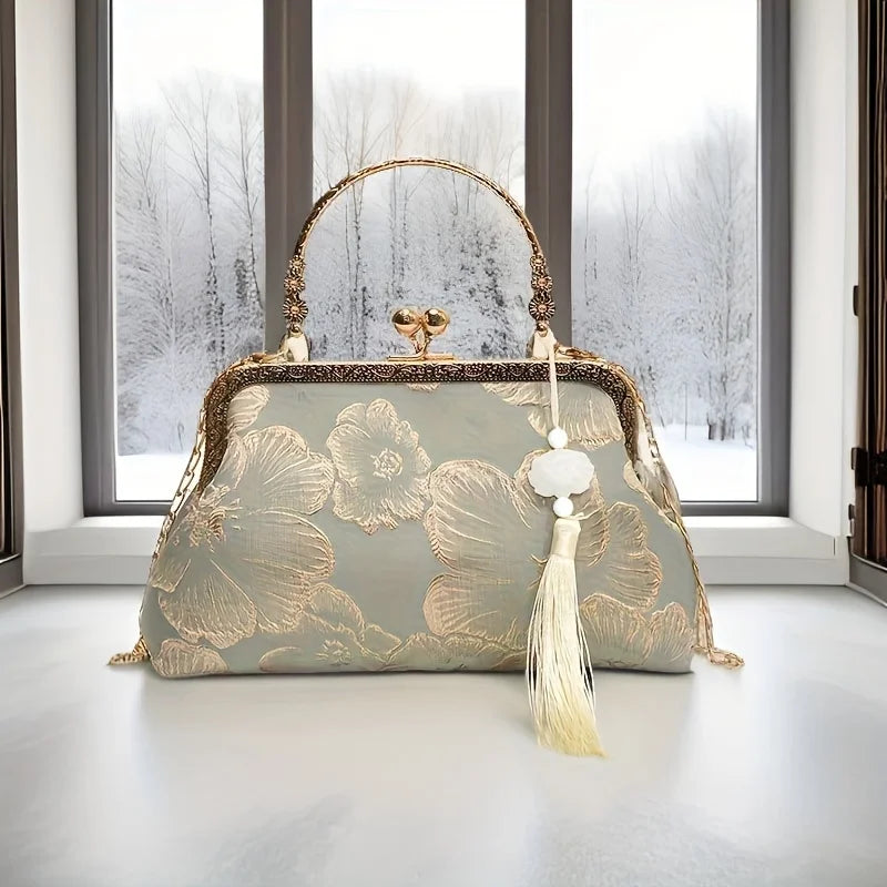 Bolso Tote Vintage Con Bordado Floral