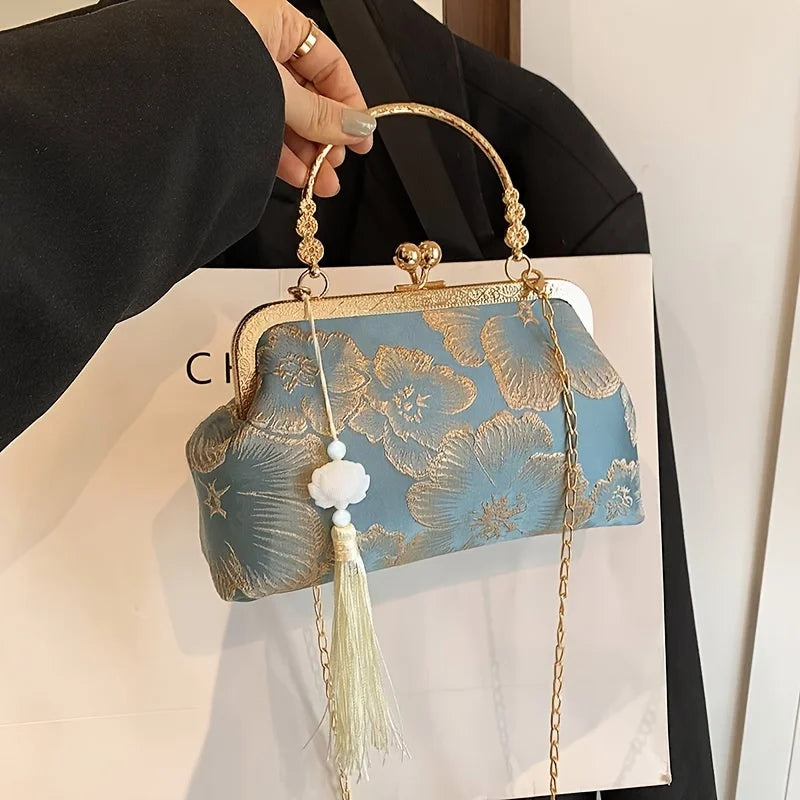 Bolso Tote Vintage Con Bordado Floral