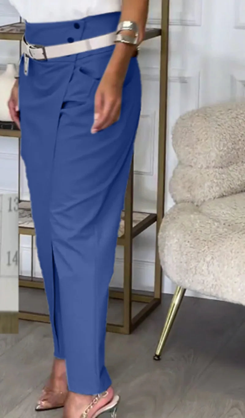 Pantalonas Rectos Informales De Cintura Alta Y Corte Asimétrico